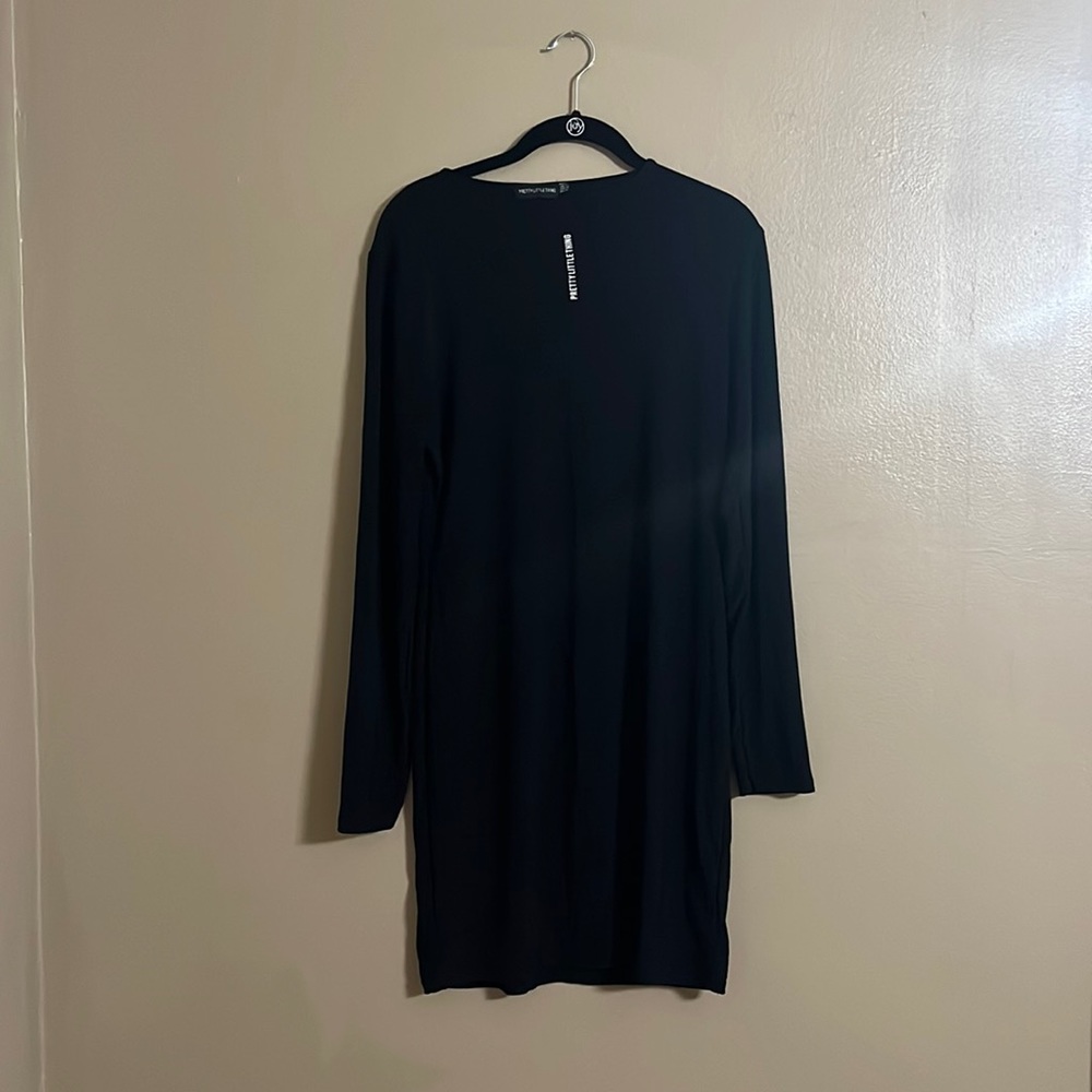 PrettyLittleThing Dress Sz 12 Little Black Bodycon Dress with Logo Casual